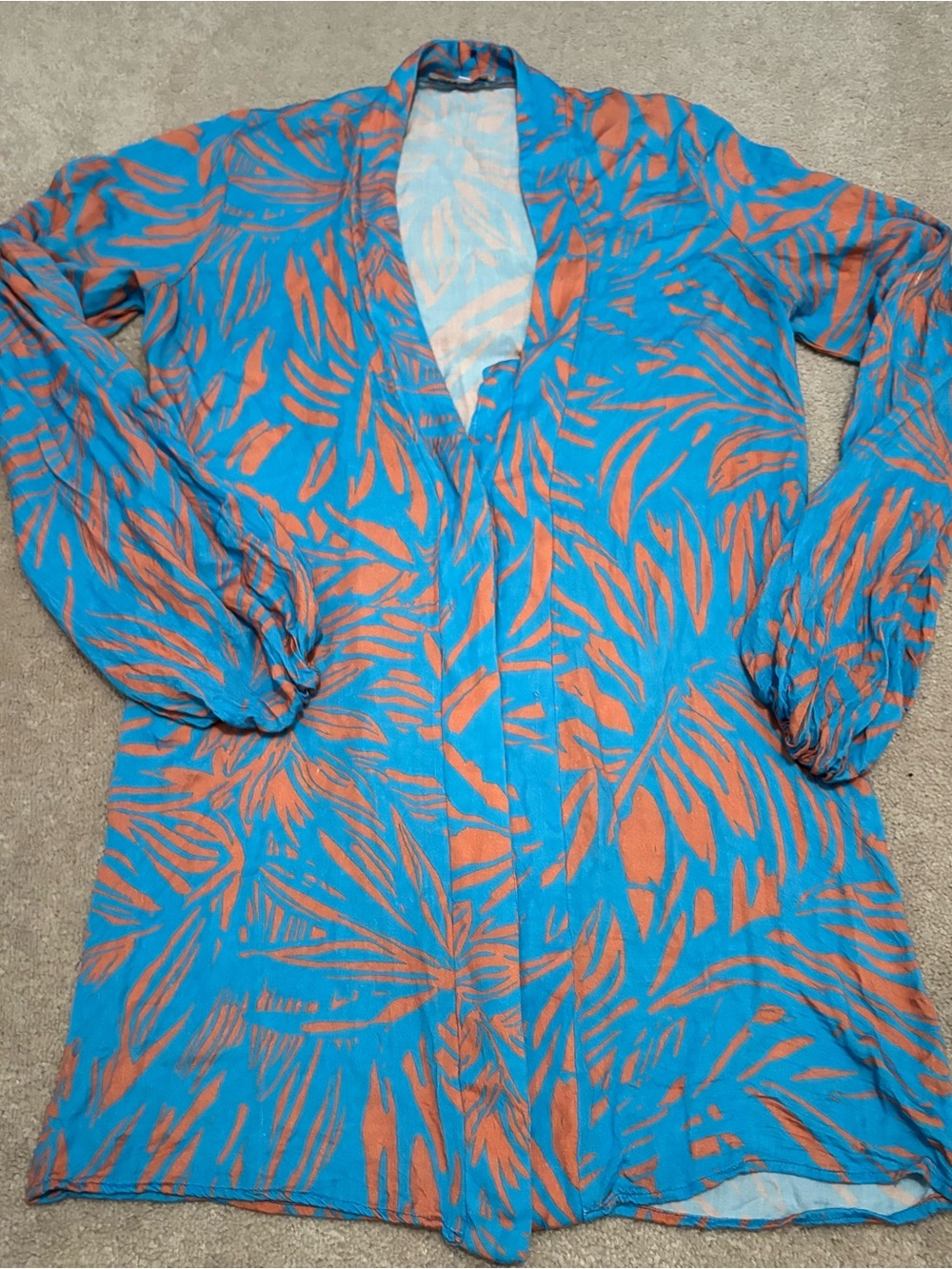 Olivaceous Women’s Small Blue Orange Tropical Leaf Print Lightweight Tunic Dress